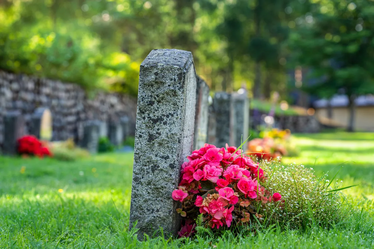 a small bouquet of flowers sitting on a grave